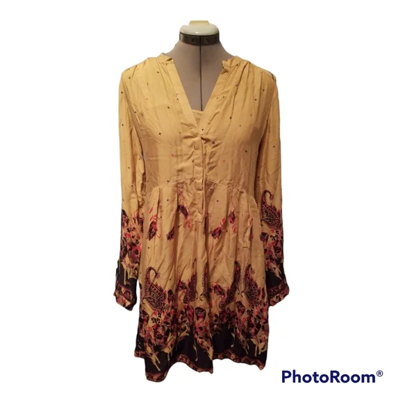 Free People Size Small Gold Paisley Print Sierra Valley V-Neck Boho Style Dress - Picture 2 of 6